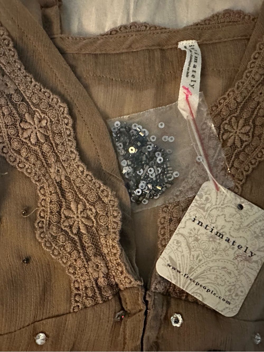 Free People Intimately Beaded Sequin Cami Taupe Lace Trim XL NWT - Picture 2 of 10